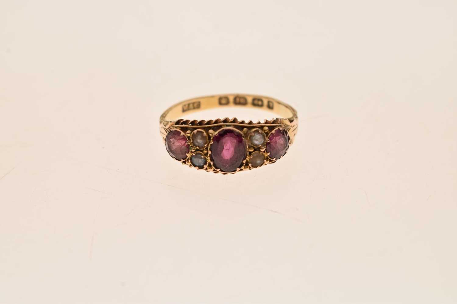 Victorian garnet and pearl boat head 18ct gold ring - Image 6 of 6