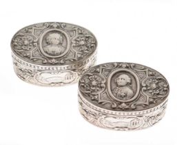 German late 19th/early 20th pair of silver oval lidded snuff boxes