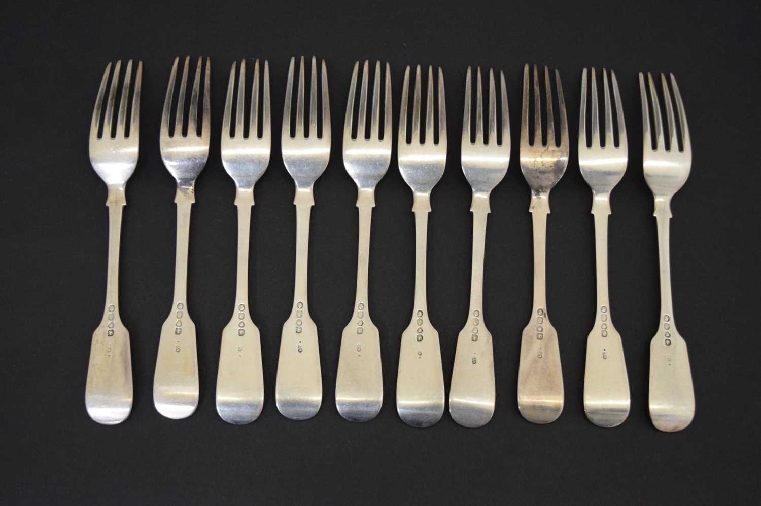 Set of ten Victorian Fiddle pattern silver table forks - Image 6 of 10