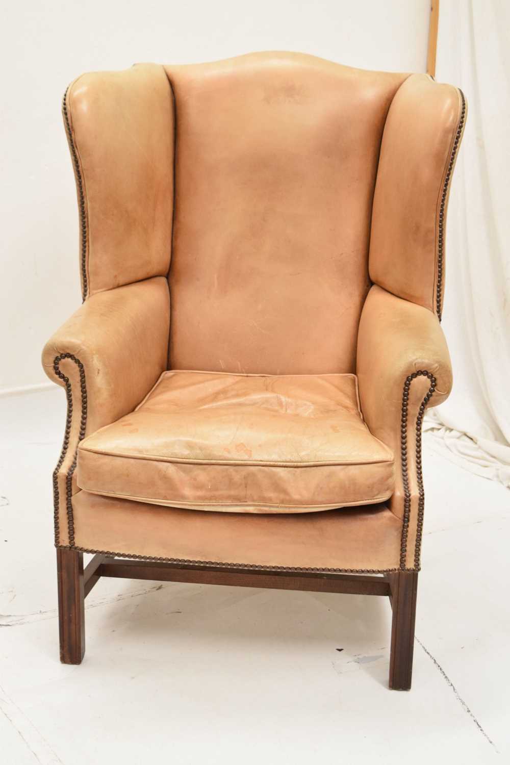 Studded pale tan leatherette wing-back office/boardroom chair - Image 3 of 7