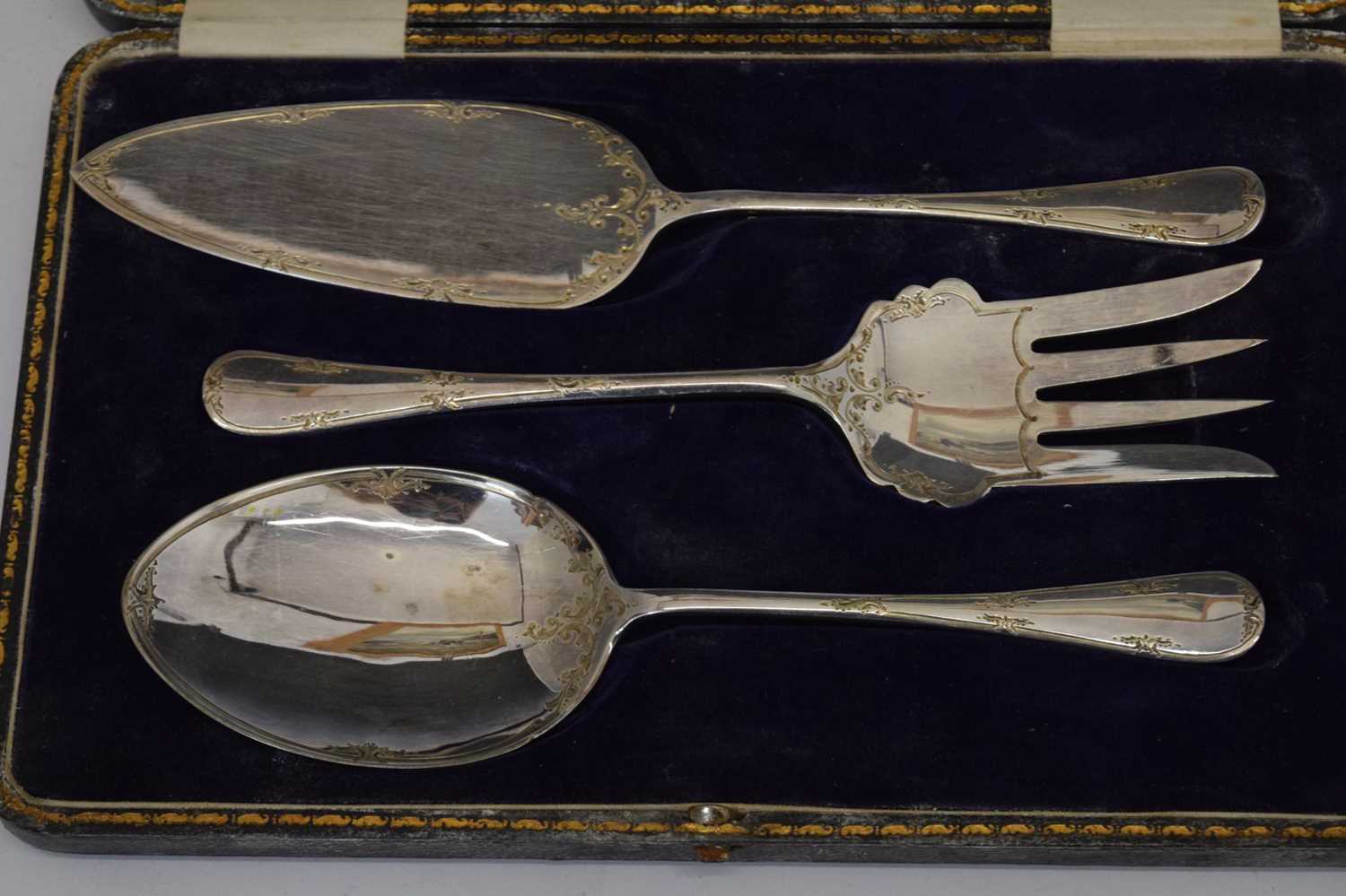 Pair of Edward VII silver trefid spoons, three-piece serving set, etc - Image 3 of 10