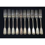 Set of ten Victorian Fiddle pattern silver dessert forks