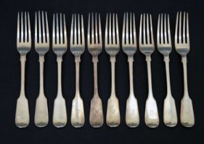 Set of ten Victorian Fiddle pattern silver dessert forks