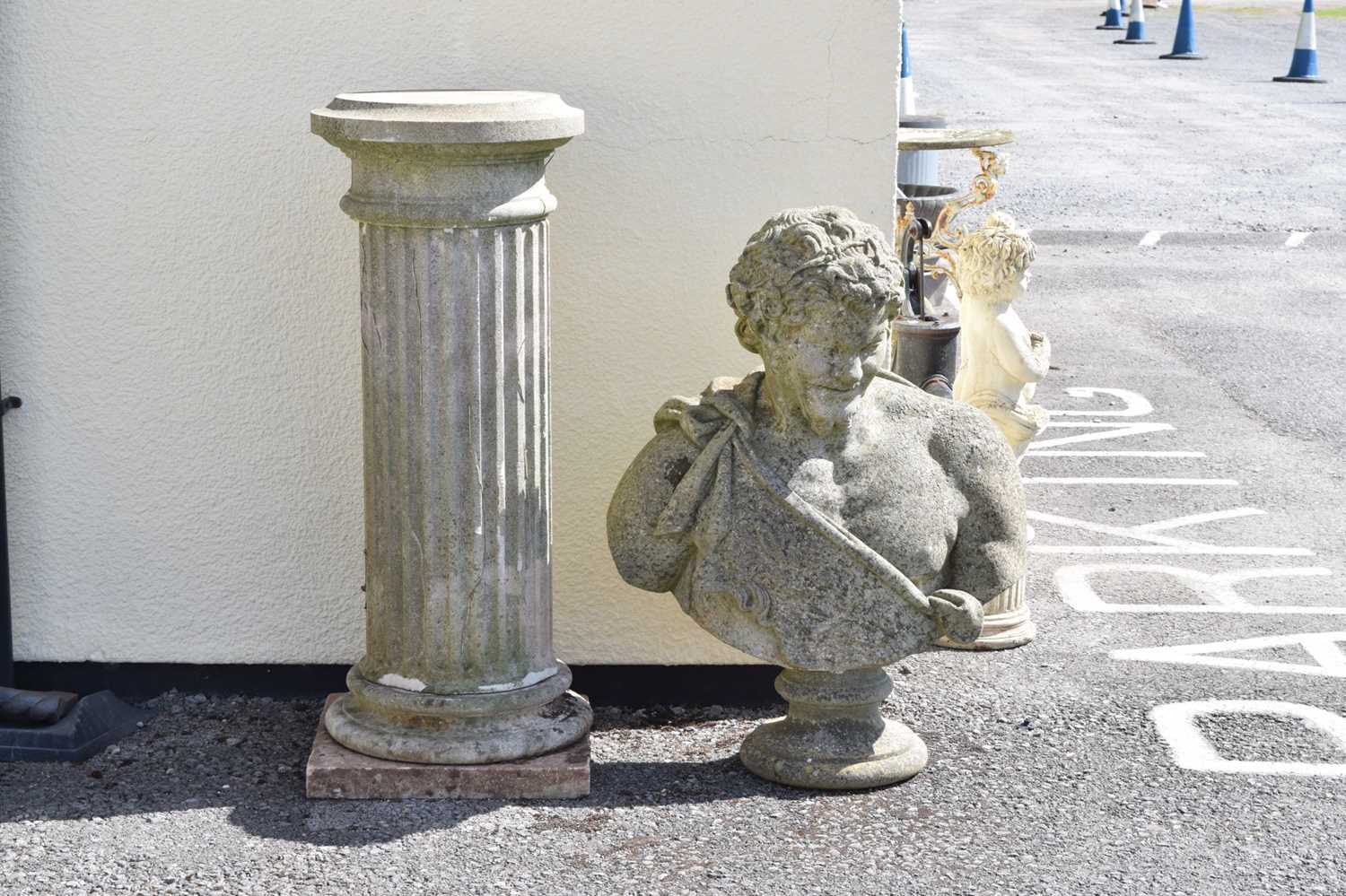 Large composite stone garden bust of Bacchus on fluted pedestal - Image 2 of 7