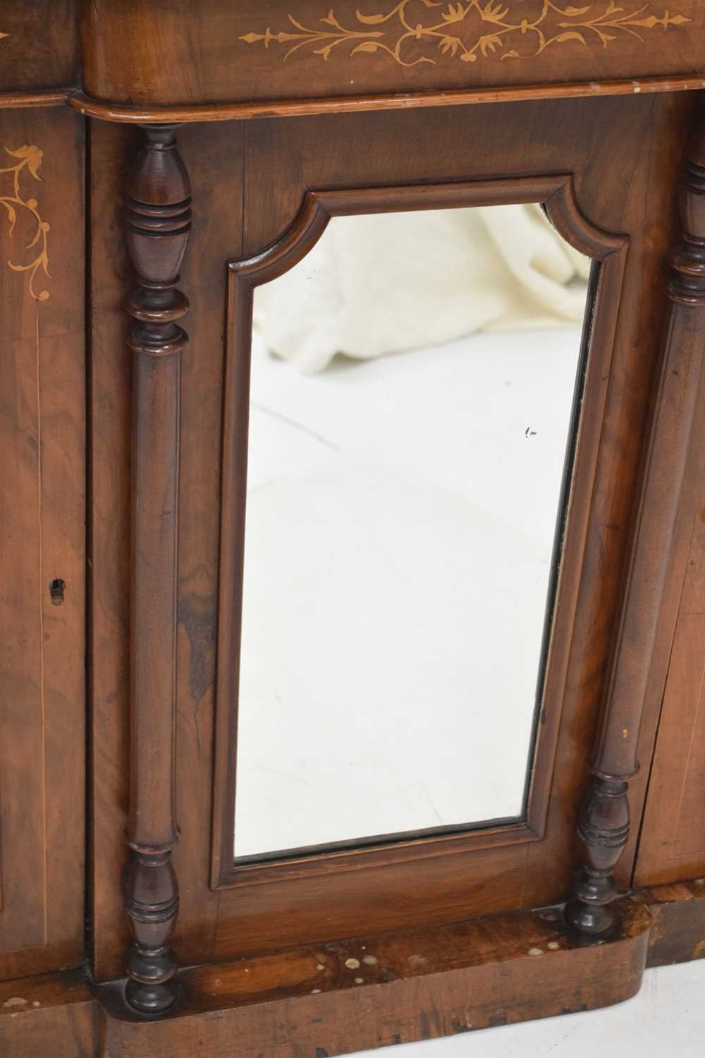 19th century inlaid walnut breakfront credenza or side cabinet with marble top - Image 4 of 13