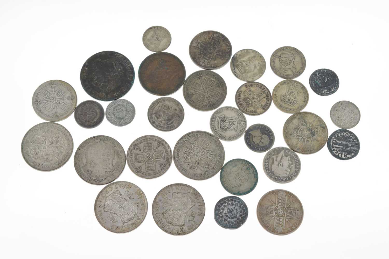 Quantity of George V and George IV silver coinage, bank token etc