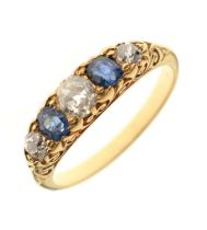 Victorian sapphire and diamond boat head yellow metal ring