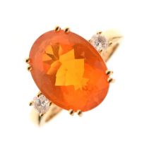 Fire opal and diamond three-stone ring