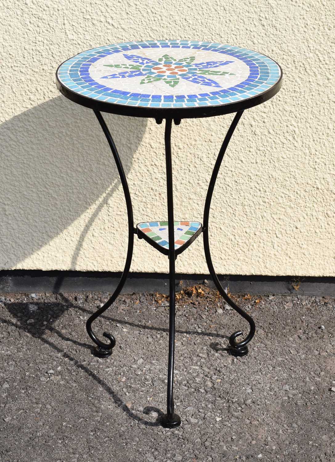 Mosaic topped metal two-tier patio table