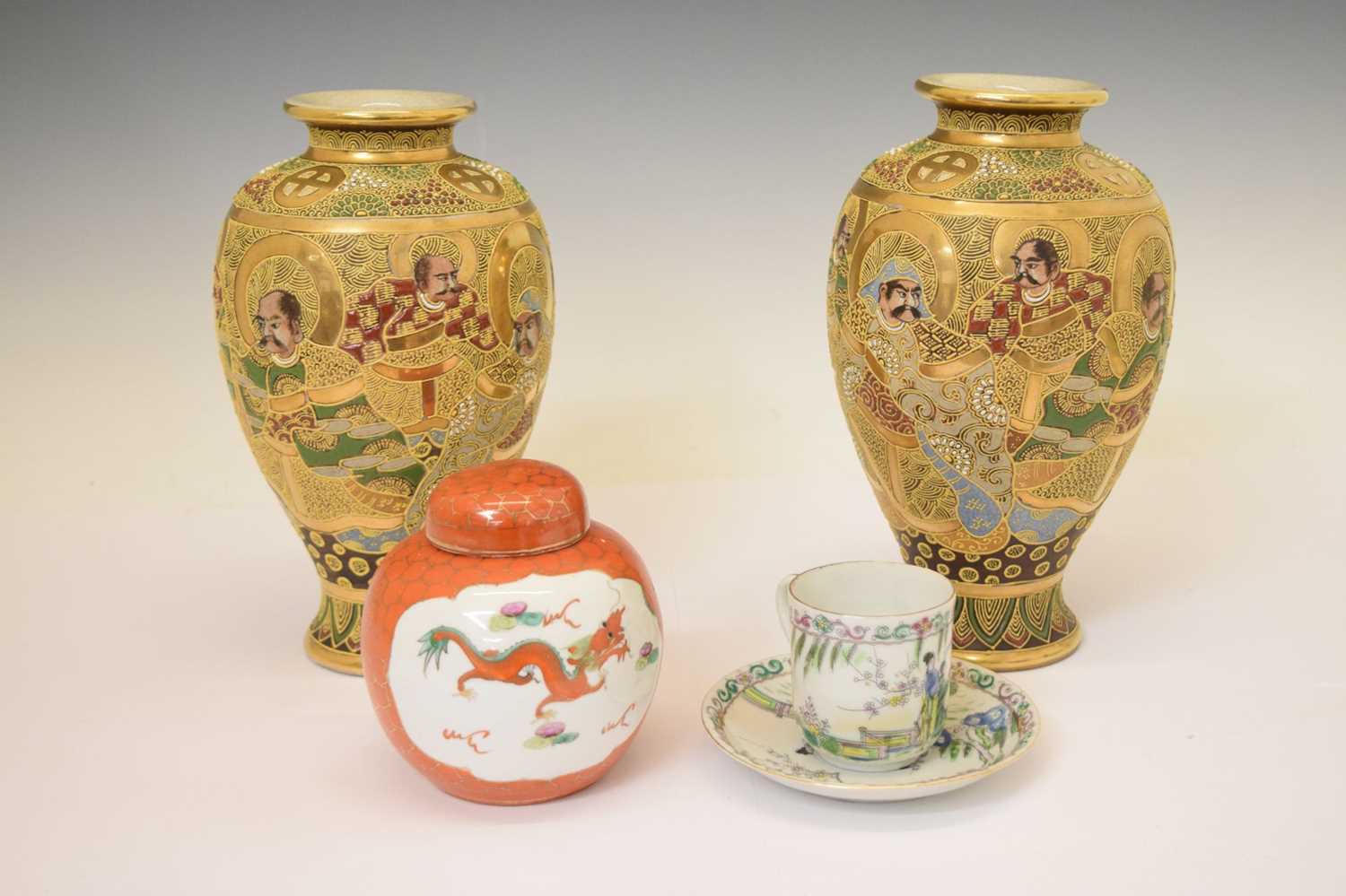 Pair of late Japanese satsuma vases, ginger jar and cup and saucer - Image 7 of 12