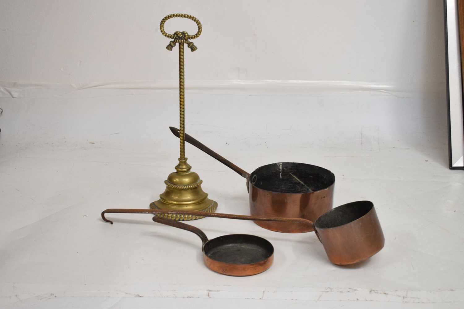 Gilt metal doorstop and three copper pans - Image 2 of 12