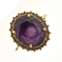 18ct gold, amethyst and diamond cluster ring