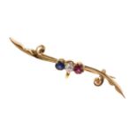 Ruby, sapphire and diamond yellow metal bar brooch