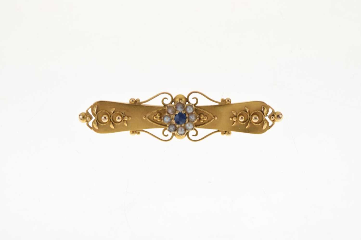 Late Victorian sapphire and seed pearl 15ct gold brooch - Image 7 of 7