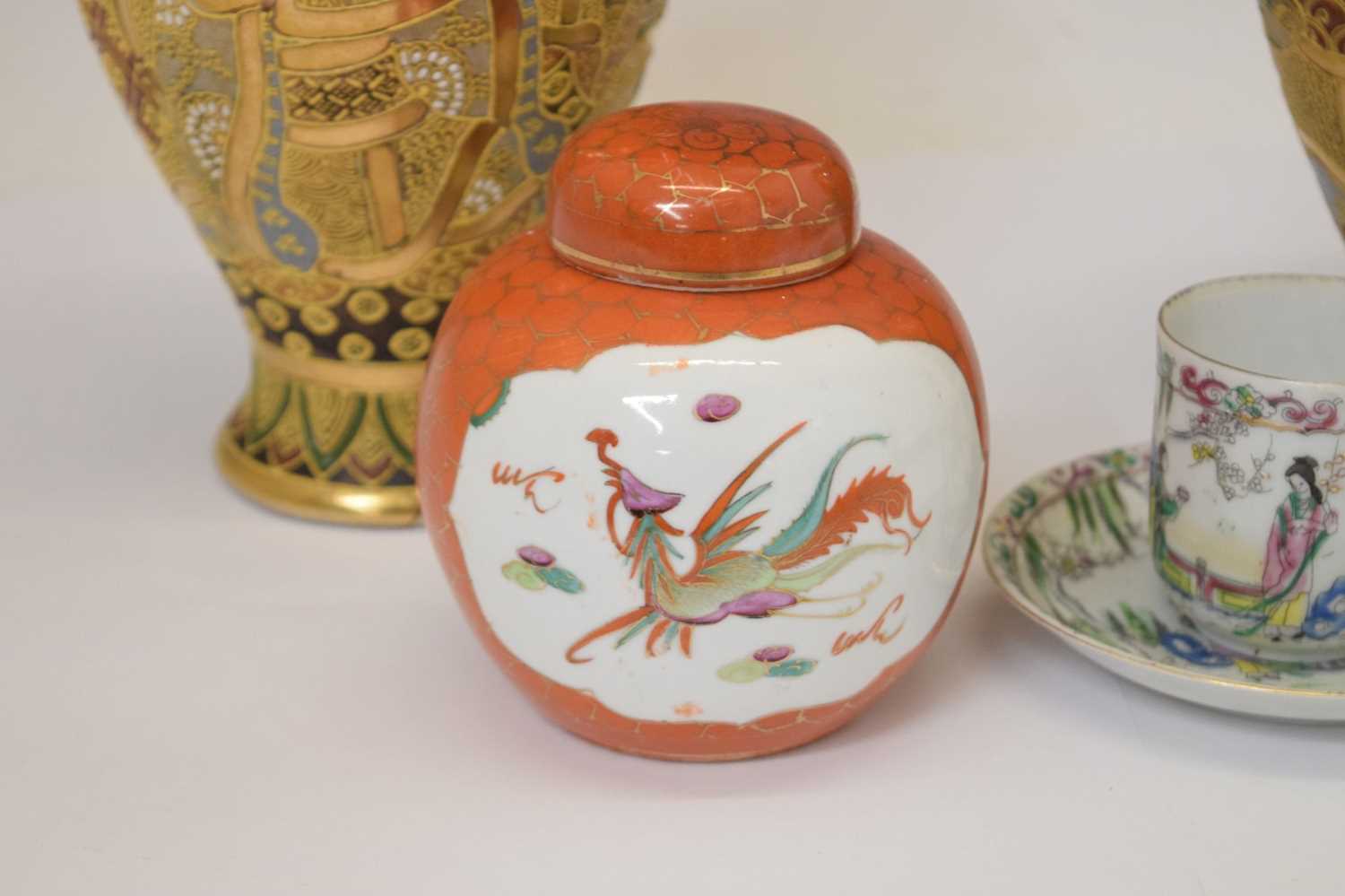 Pair of late Japanese satsuma vases, ginger jar and cup and saucer - Image 3 of 12