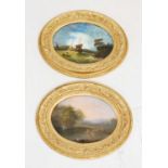 Pair of oval reverse glass paintings 'Storm' and 'Eventide'