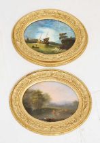 Pair of oval reverse glass paintings 'Storm' and 'Eventide'