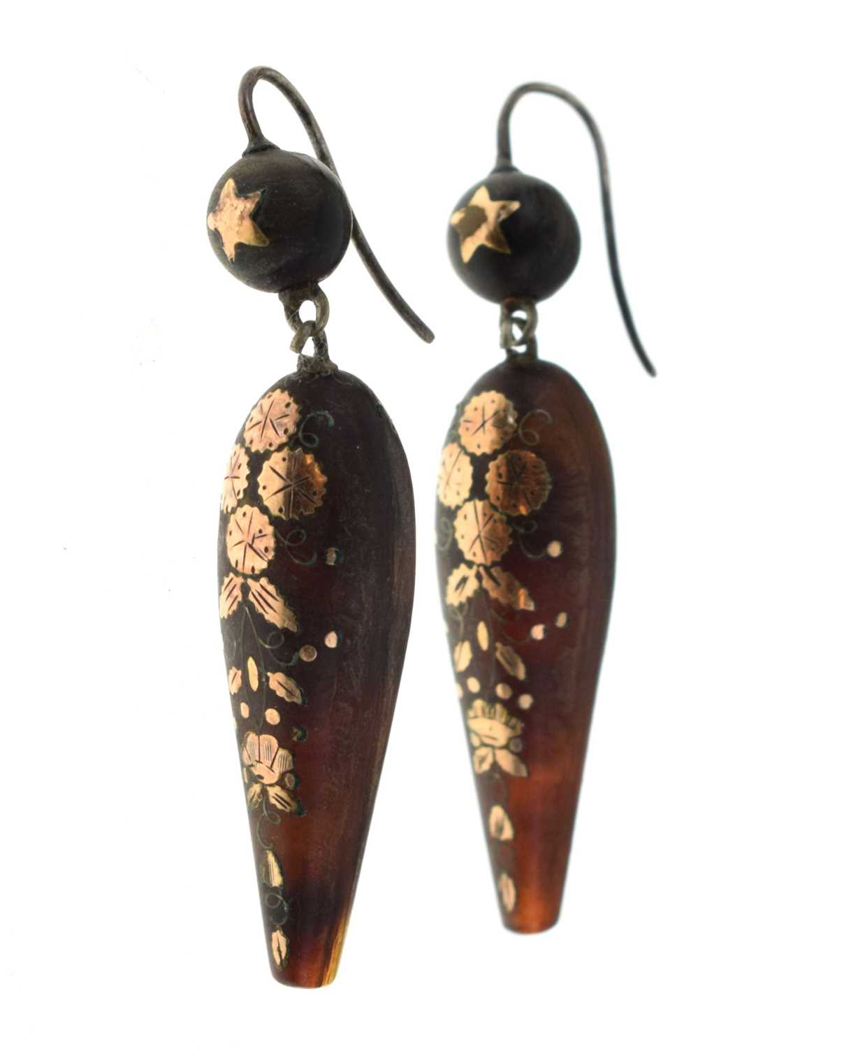 Pair of Victorian pique work tortoiseshell and gold inlaid drop earrings