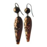 Pair of Victorian pique work tortoiseshell and gold inlaid drop earrings