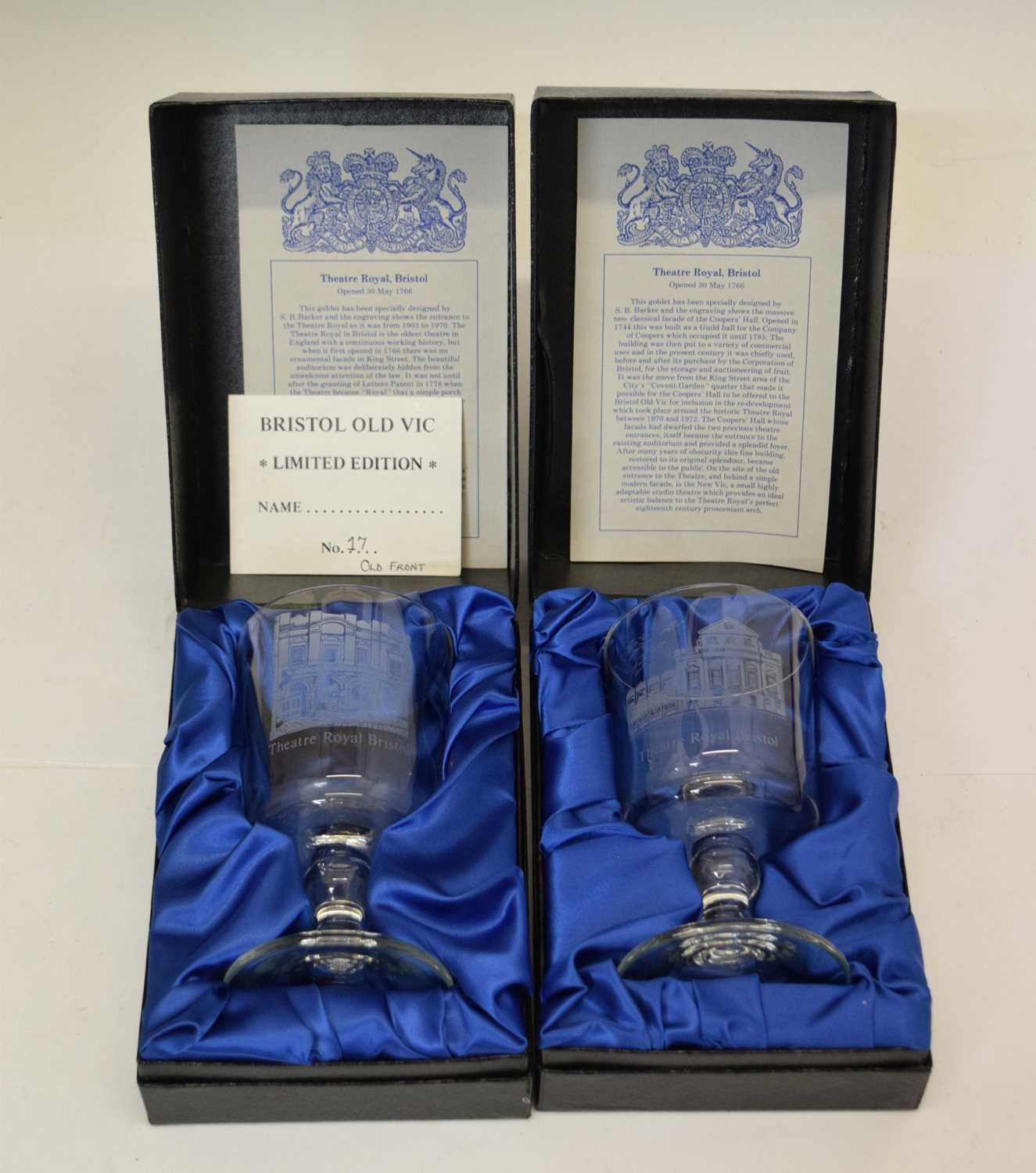 Pair of Old Vic Bristol glass commemorative goblets