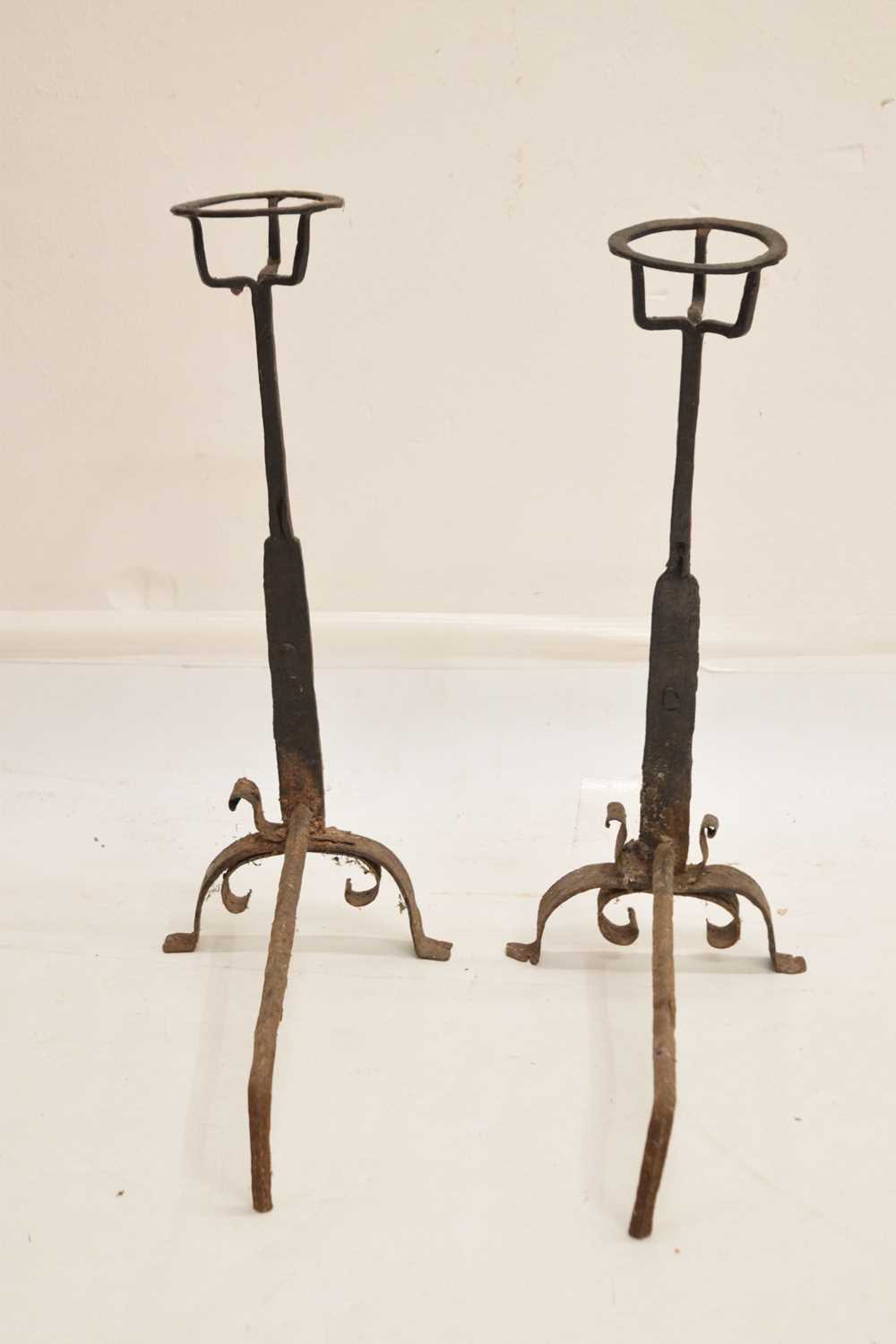 Pair of antique wrought iron cresset-top spit dogs - Image 3 of 3