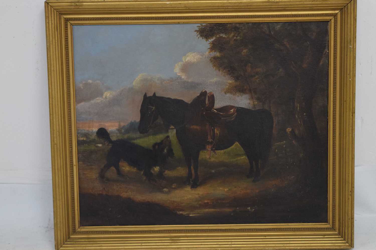 19th century oil on canvas - Horse and dog in a rural setting - Image 2 of 11