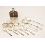 Edward VII silver mounted hip flask, seven silver napkin rings, teaspoons, etc