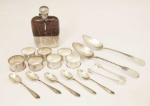 Edward VII silver mounted hip flask, seven silver napkin rings, teaspoons, etc