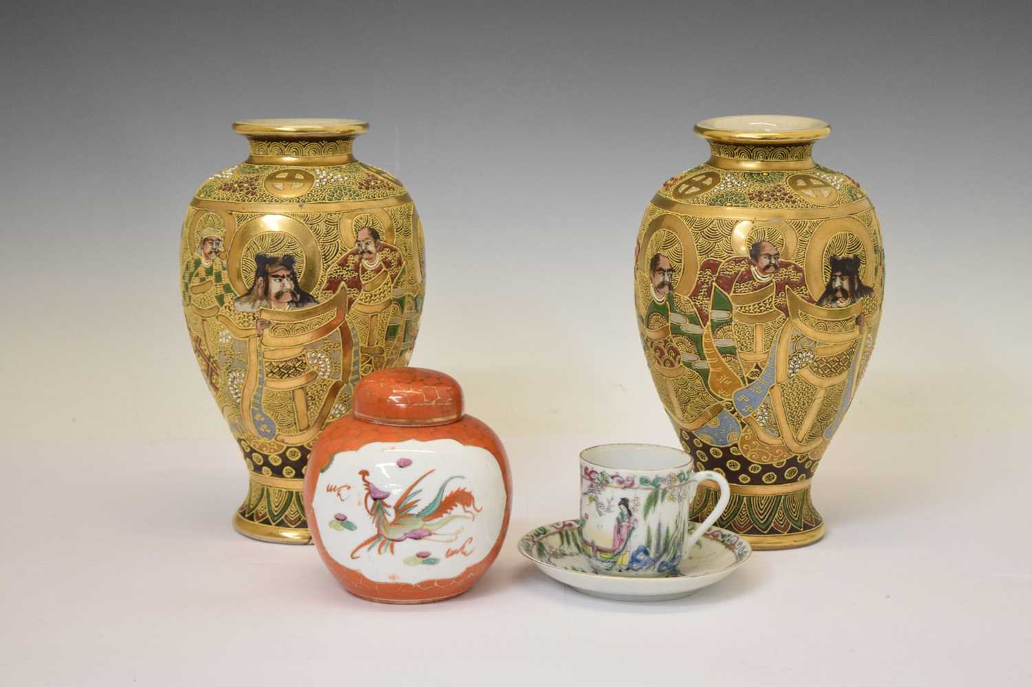 Pair of late Japanese satsuma vases, ginger jar and cup and saucer - Image 2 of 12