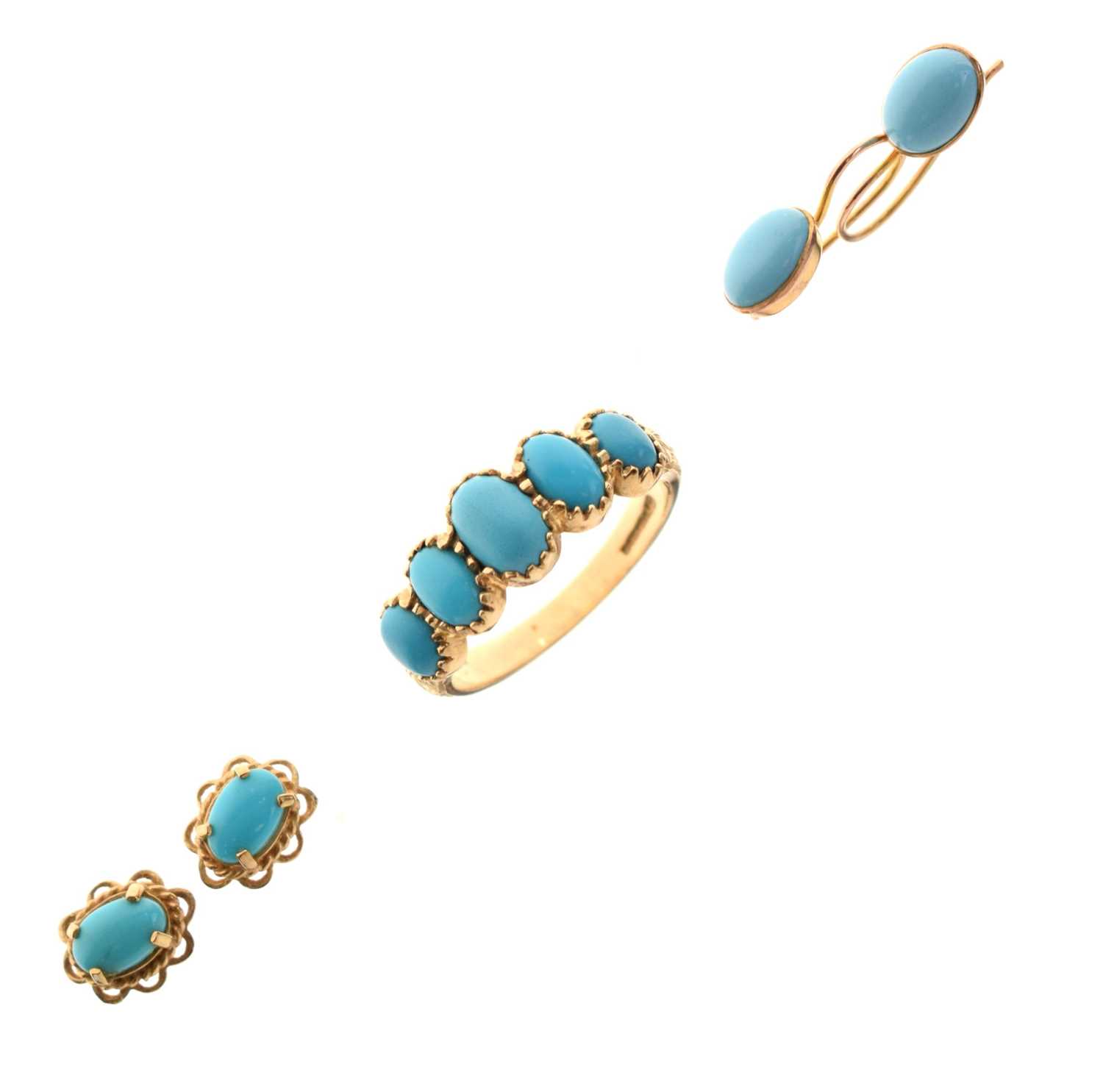 Turquoise five-stone 9ct gold ring and two pairs of turquoise earrings (3)