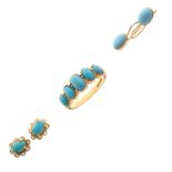 Turquoise five-stone 9ct gold ring and two pairs of turquoise earrings (3)