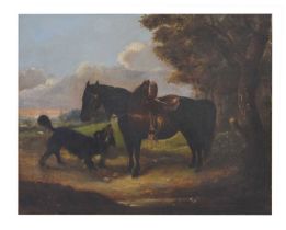 19th century oil on canvas - Horse and dog in a rural setting