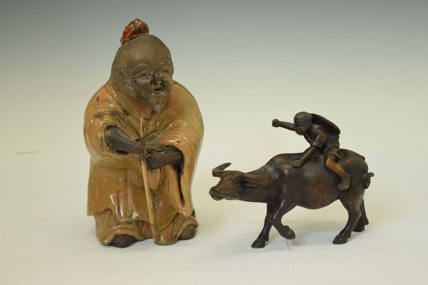 Japanese pottery figure of a gentleman and a resin figure of a boy on buffalo - Image 2 of 12