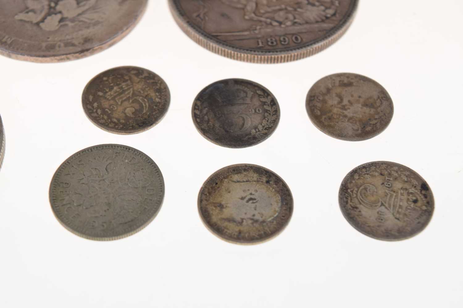 Five Victorian silver crowns, a George III silver crown, etc - Image 9 of 9