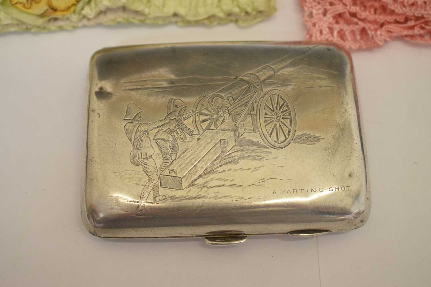 Late Victorian silver cigarette case, decorated with a military scene, and embroidered handkerchiefs - Image 3 of 11