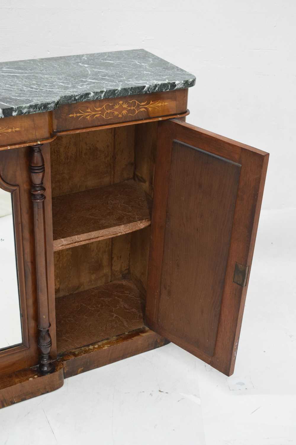 19th century inlaid walnut breakfront credenza or side cabinet with marble top - Image 8 of 13