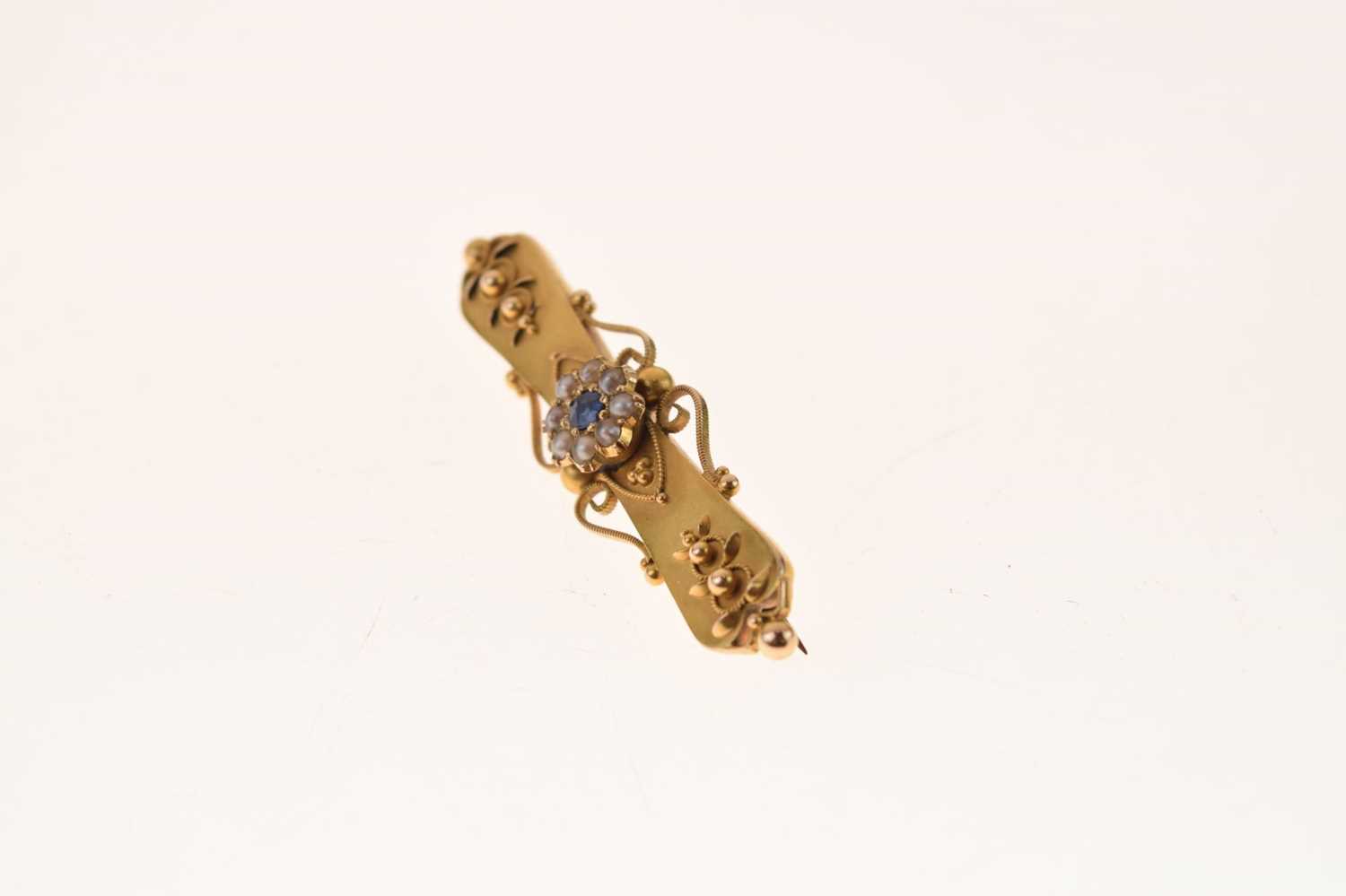 Late Victorian sapphire and seed pearl 15ct gold brooch - Image 3 of 7