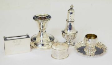 Victorian silver pepperette, silver match holder, silver matchbox sleeve, etc