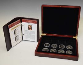 Eight silver coins from 'The Great Monarchs silver proof coin collection'