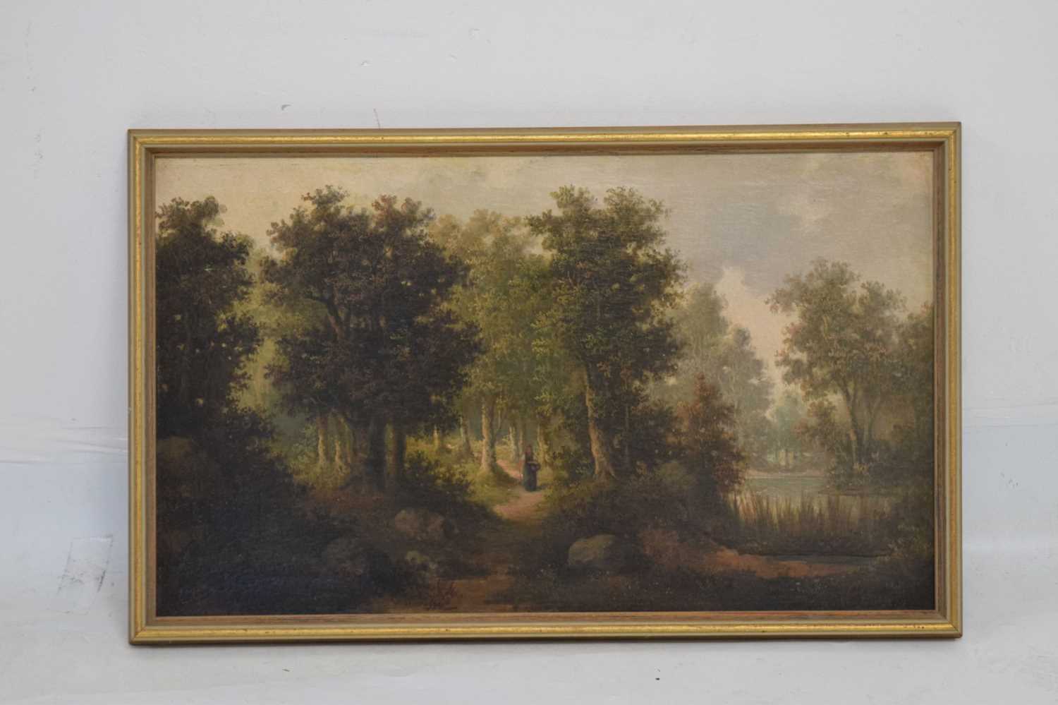 19th century oil on canvas - Woodland scene with figure on a path - Image 8 of 9