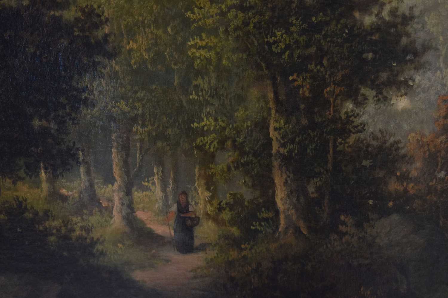 19th century oil on canvas - Woodland scene with figure on a path - Image 7 of 9