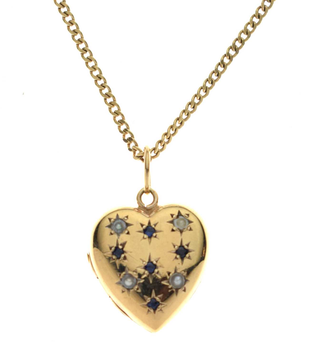 Pearl and sapphire 9ct gold heart-shaped locket pendant necklace