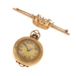 9ct gold crown bar brooch, and a gold plated lady's fob watch