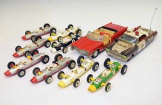 Group of eight Triang diecast model racing cars and others