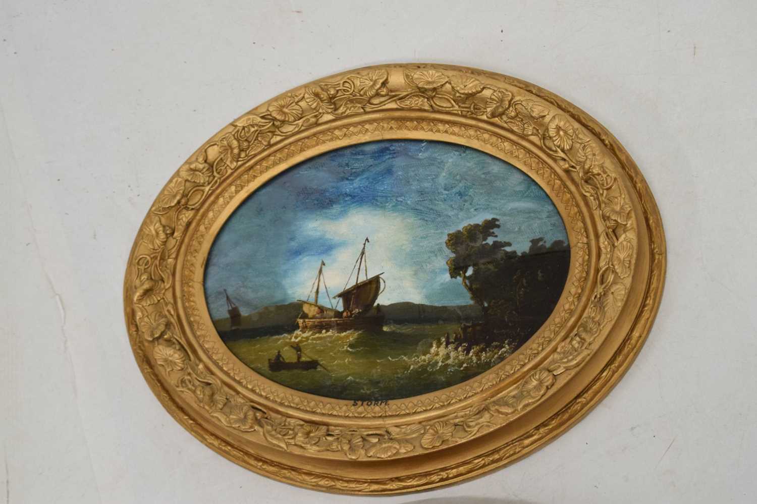 Pair of oval reverse glass paintings 'Storm' and 'Eventide' - Image 4 of 11