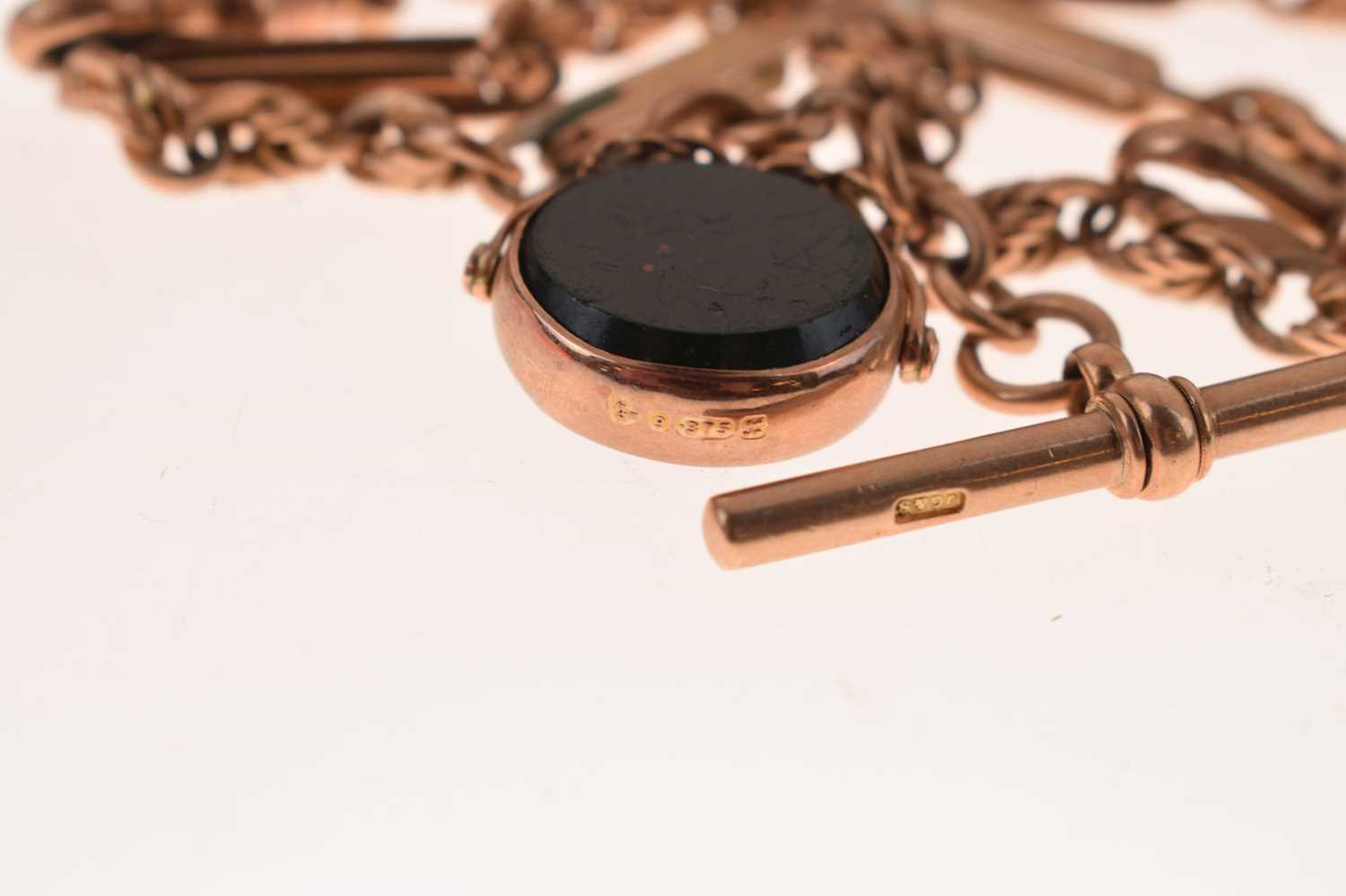 9ct rose gold figaro link Albert with double-sided swivel fob - Image 5 of 7