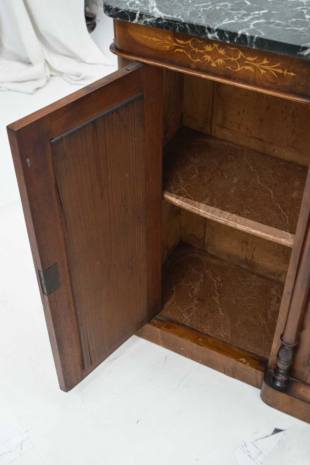 19th century inlaid walnut breakfront credenza or side cabinet with marble top - Image 9 of 13