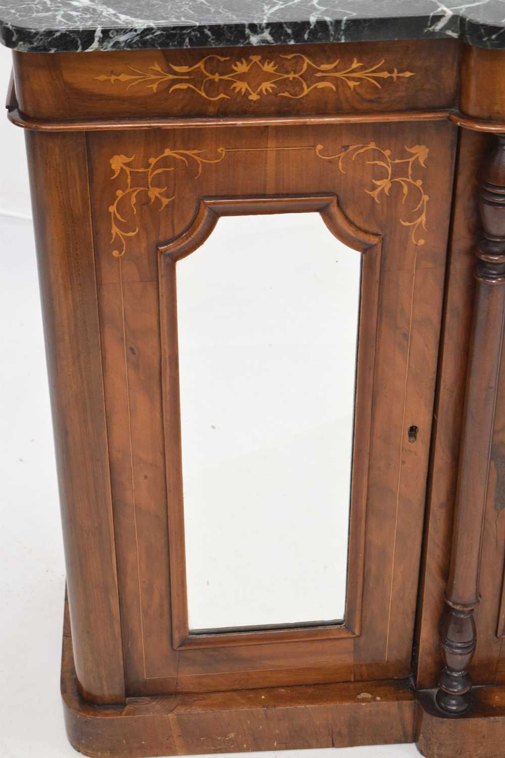 19th century inlaid walnut breakfront credenza or side cabinet with marble top - Image 3 of 13