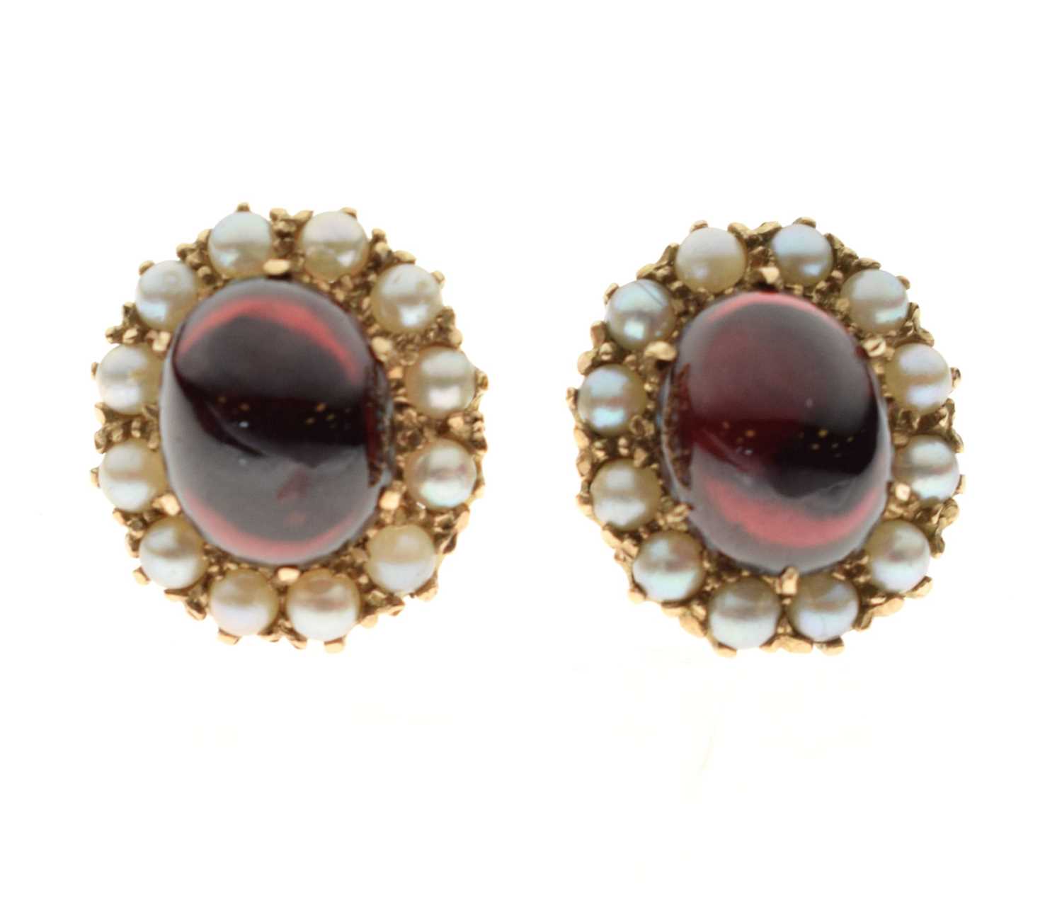 Pair of garnet and pearl 9ct gold cluster stud earrings