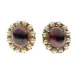 Pair of garnet and pearl 9ct gold cluster stud earrings